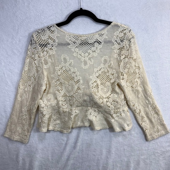 VTG Fashion Bug S Tie Front Knit Top Cream Sheer Crochet Coquette Cottage Y2K - Picture 4 of 8